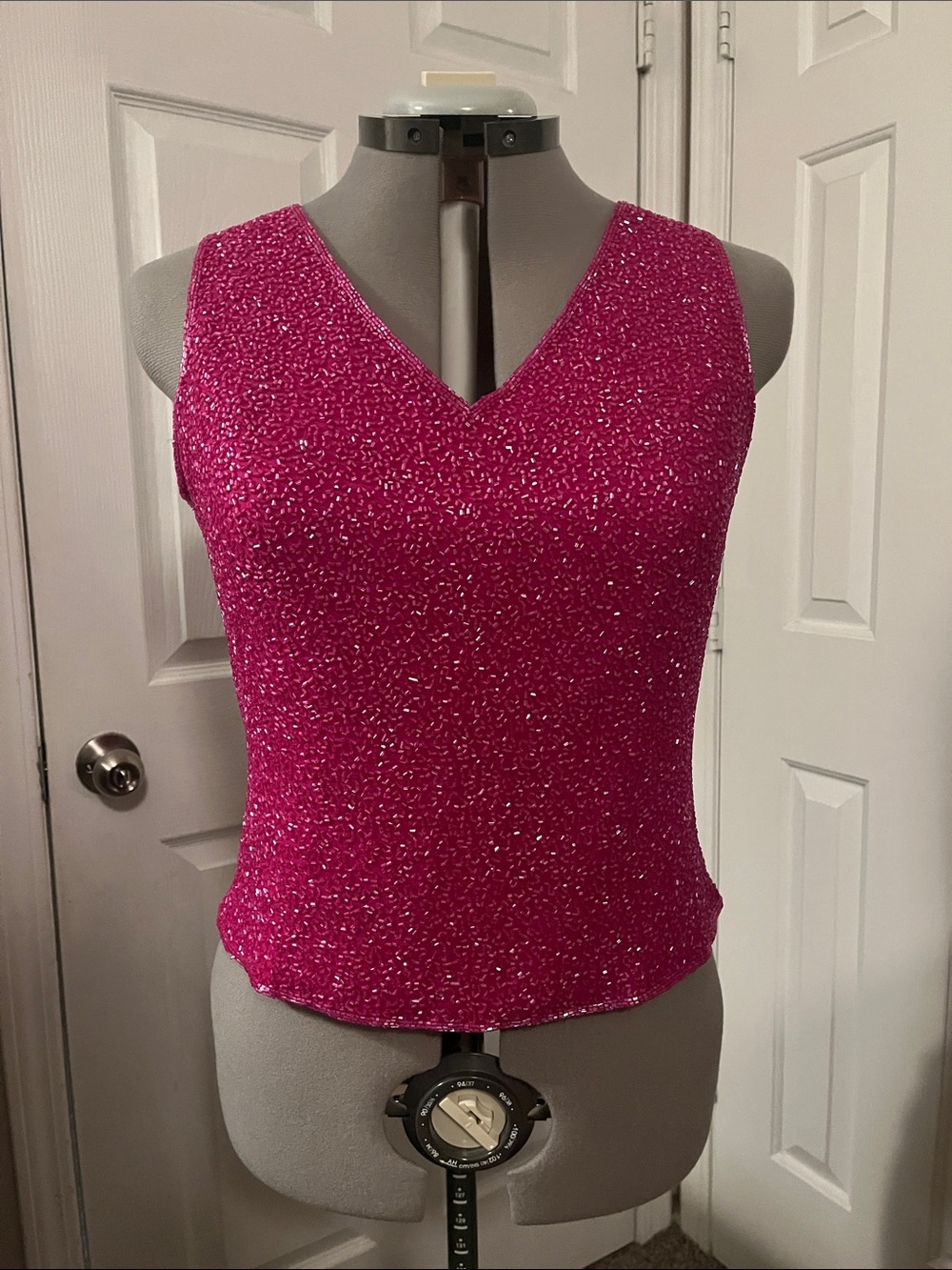 SCALA 100% Silk Beaded Tank, Hot Pink, Size L